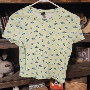 Wild Fable Green Ribbed Top with Blue Floral Design